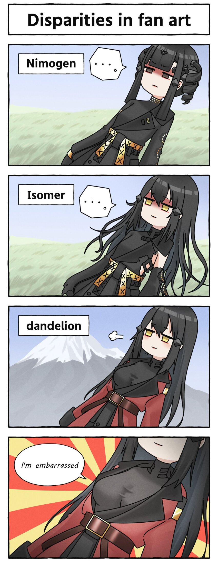 3girls, 4koma, absurdres, alternate_language, black_hair, breasts, comic, dandelion_(girls'_frontline)