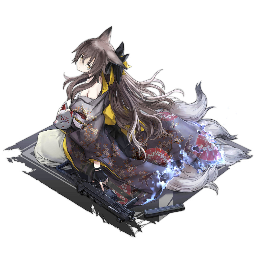 1girl, black_gloves, black_kimono, black_ribbon, blue_fire, breasts, brown_hair, burning_clothes