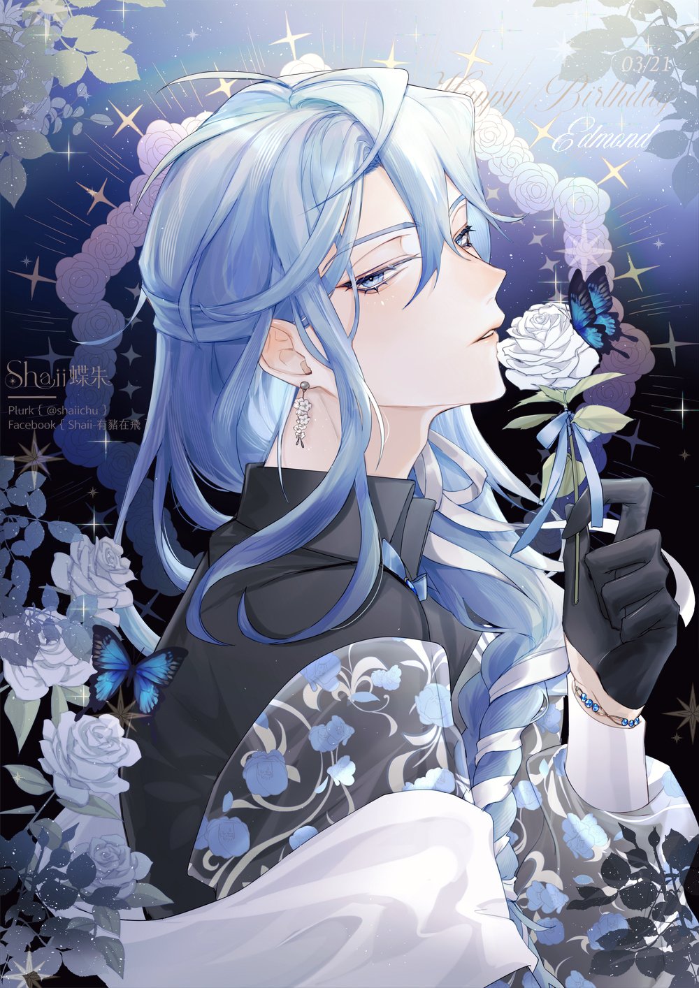 1boy, bishounen, black_background, black_gloves, black_jacket, blue_background, blue_butterfly, blue_eyes
