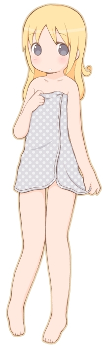 1girl, ana_coppola, bad_id, bad_pixiv_id, barefoot, blonde_hair, child, feet, female_focus, grey_eyes, ichigo_mashimaro, idu_michito, long_hair, naked_towel, nude, polka_dot, solo, toes, towel