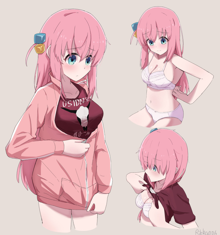 1girl, absurdres, bare_arms, blue_eyes, blush, bocchi_the_rock!, bra, breasts, cleavage, closed_mouth, clothes_writing, collarbone, commentary_request, cowboy_shot, crossed_bangs, cube_hair_ornament, eyes_visible_through_hair, frown, furrowed_brow, gotoh_hitori, grey_background, hair_between_eyes, hair_ornament, highres, jacket, large_breasts, long_hair, long_sleeves, looking_down, navel, one_side_up, panties, pink_hair, pink_jacket, red_shirt, rikka006, shiny_skin, shirt, sidelocks, simple_background, solo, standing, stomach, straight_hair, underwear, undressing, very_long_hair, white_bra, white_panties, zipper