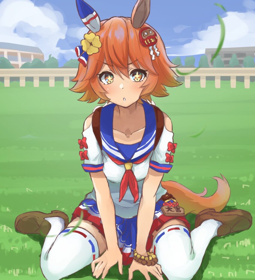 +_+, 1girl, animal_ears, bead_bracelet, beads, blush, bracelet, breasts, brown_shoes, clothing_cutout, cloud, clover_hair_ornament, daruma_doll, day, ema, full_body, grass, hair_ornament, highres, horse_ears, horse_girl, horse_tail, jewelry, karajio, loafers, looking_at_viewer, matikanefukukitaru_(umamusume), miniskirt, neckerchief, orange_hair, outdoors, red_neckerchief, school_uniform, serafuku, shirt, shoes, short_hair, short_sleeves, shoulder_cutout, sitting, skirt, small_breasts, solo, tail, thighhighs, umamusume, v_arms, wariza, white_serafuku, white_shirt, white_thighhighs, yellow_eyes