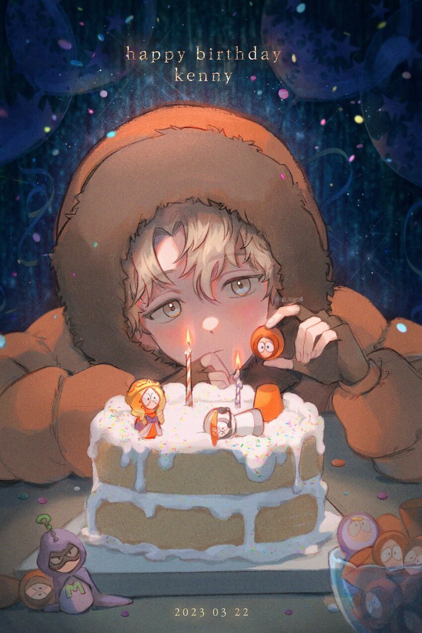 1boy, animification, birthday_cake, blonde_hair, blue_eyes, cake, candle, child