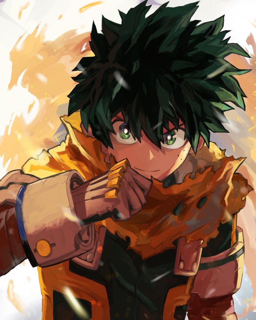 1boy, blurry, blurry_foreground, bodysuit, boku_no_hero_academia, bright_pupils, cape, clenched_hand