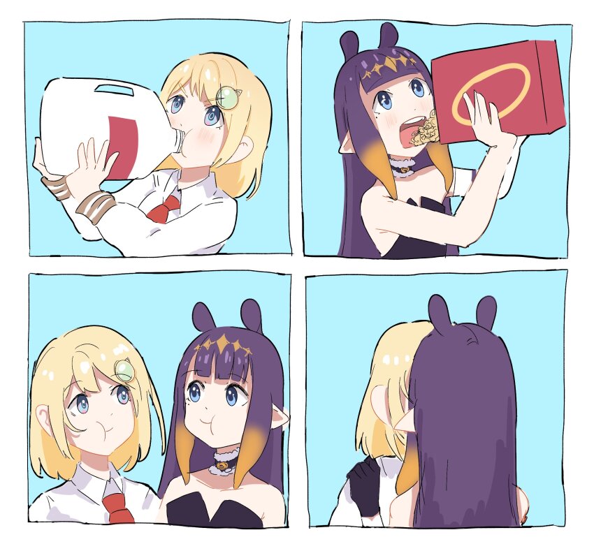 2girls, 4koma, anrepoi, black_gloves, blonde_hair, blue_background, blue_eyes, blunt_bangs, bob_cut, bottle, box, cereal, cereal_box, comic, commentary, drinking, eating, english_commentary, food_in_mouth, gloves, gradient_hair, hair_ornament, hand_on_another's_shoulder, hands_up, highres, holding, holding_bottle, holding_box, hololive, hololive_english, kiss, long_hair, long_sleeves, looking_at_another, milk, milk_bottle, mole, mole_under_eye, multicolored_hair, multiple_girls, necktie, ninomae_ina'nis, orange_hair, pointy_ears, purple_hair, red_necktie, shirt, sidelocks, simple_background, tentacle_hair, upper_body, v-shaped_eyebrows, very_long_hair, virtual_youtuber, watson_amelia, white_shirt, wing_collar, yuri