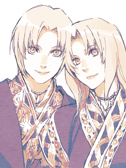 2girls, chrodechild, closed_mouth, fredegund, gensou_suikoden, gensou_suikoden_tierkreis, greyscale, long_hair