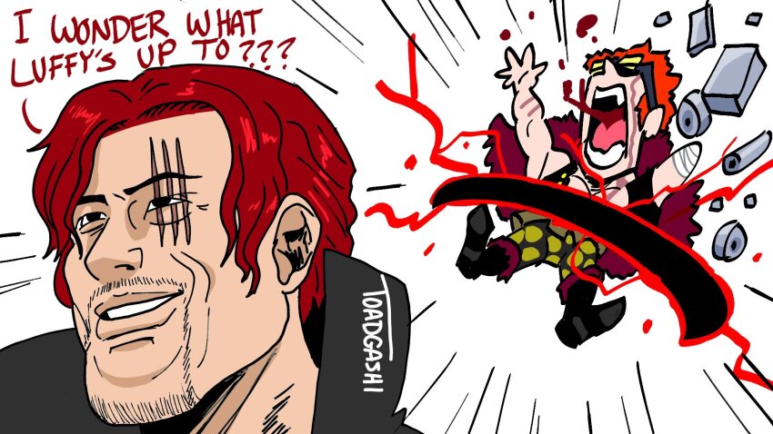2boys, artist_name, black_cape, blood, cape, coat, defeat, emphasis_lines, english_text, eustass_kid, falling, fur_coat, gigachad_(meme), goggles, goggles_on_head, grin, haki_(one_piece), happy, highres, humiliation, injury, looking_away, meme, multiple_boys, muscular, one_piece, red_hair, scar, scar_across_eye, scar_on_face, shanks_(one_piece), short_hair, simple_background, slashing, smile, smug, toadgashi, upper_body, violence, white_background