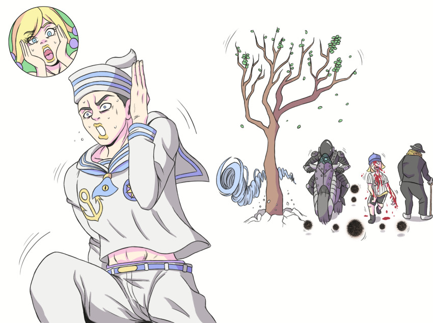 akefu_satoru, blood, blood_on_face, born_this_way_(stand), cane, chestnut, dixie_cup_hat, doobie_wah!, hands_on_own_cheeks, hands_on_own_face, hat, higashikata_josuke_(jojolion), highres, hirose_yasuho, inset, jojo_no_kimyou_na_bouken, jojolion, kristallion, military_hat, motor_vehicle, motorcycle, nigerundayo!, old, old_man, parody, running, sailor, stand_(jojo), sweat, tornado, tree