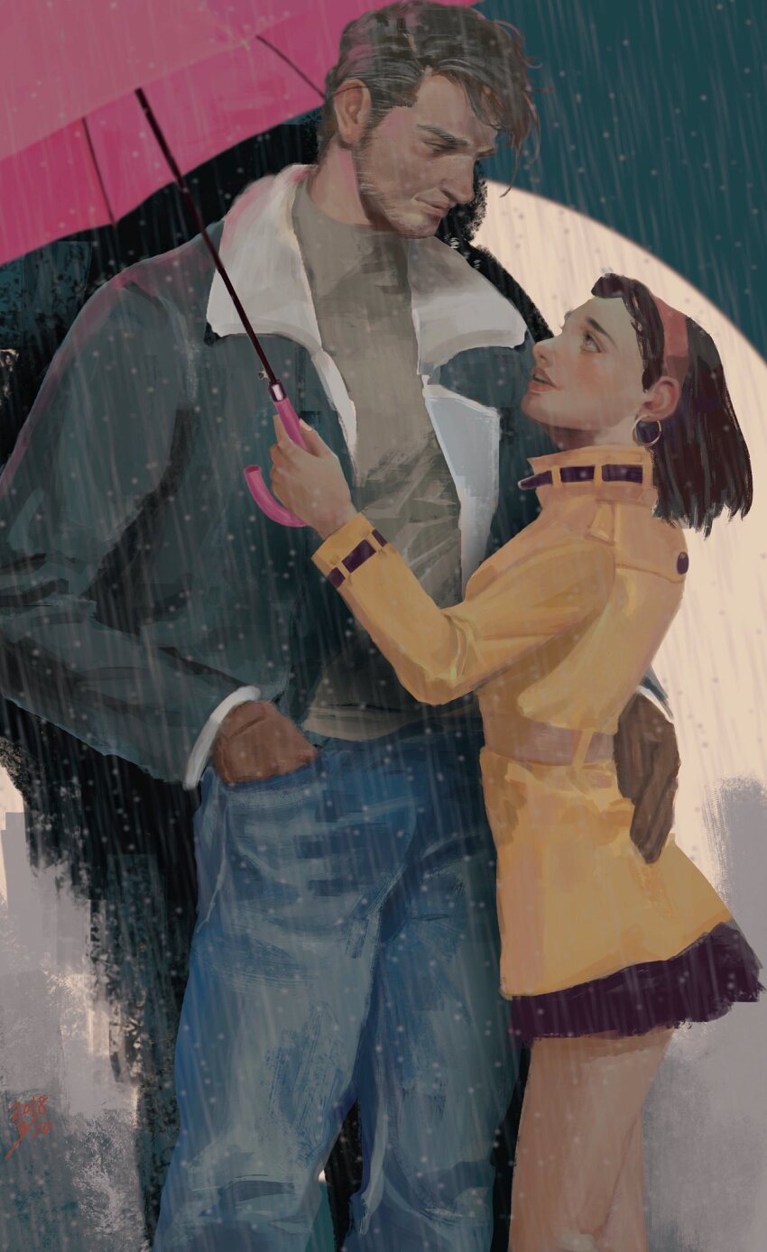 1boy, 1girl, age_difference, black_hair, blush, brown_gloves, cheating_(relationship), coat, commentary_request, danart14020, denim, diamond_wa_kudakenai, earrings, facial_hair, gloves, grey_hair, hairband, hand_on_another's_waist, height_difference, hetero, higashikata_tomoko, highres, holding, holding_umbrella, hoop_earrings, jacket, jeans, jewelry, jojo_no_kimyou_na_bouken, joseph_joestar, joseph_joestar_(old), long_sleeves, looking_at_another, mature_male, outdoors, pants, rain, shared_umbrella, short_hair, smile, stardust_crusaders, umbrella, yellow_coat