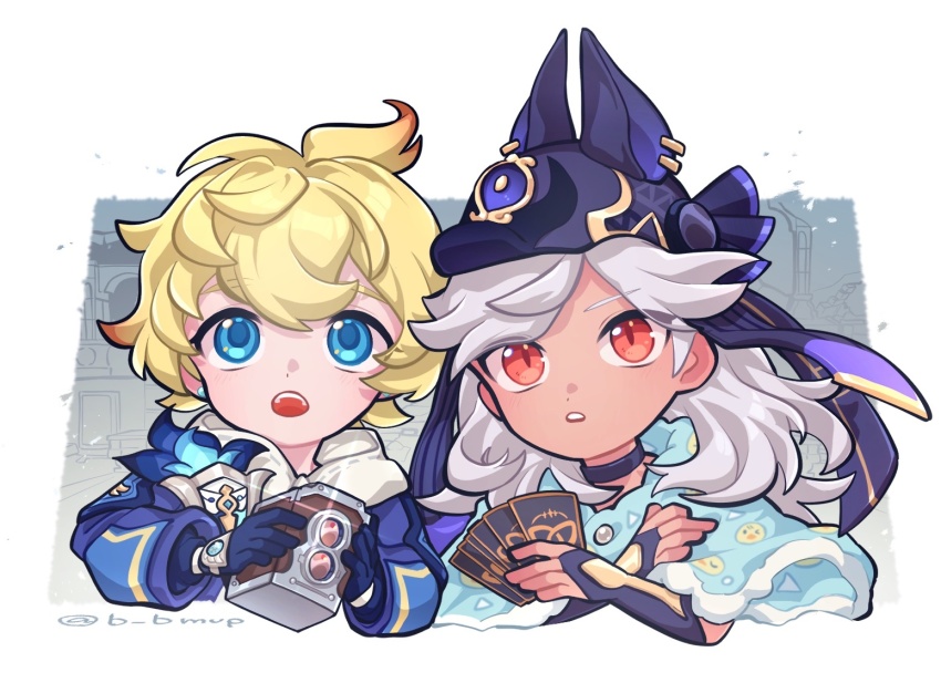 2boys, :o, @_(symbol), alternate_costume, arabian_clothes, b_bmvp, black_choker, blonde_hair