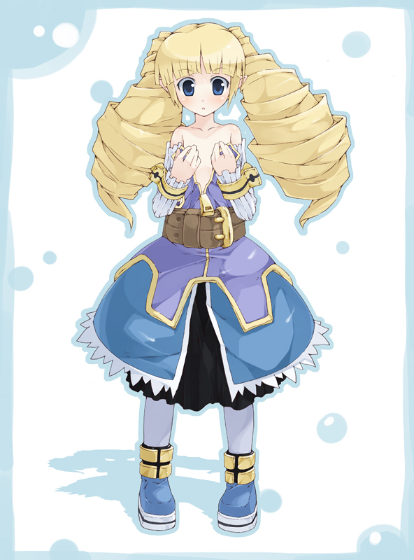 1girl, archer_(disgaea), bad_id, bad_pixiv_id, bare_shoulders, belt, blonde_hair, blue_eyes, blush, demon_girl, detached_sleeves, disgaea, dress, drill_hair, female_focus, flat_chest, long_hair, nippon_ichi, pantyhose, skirt, solo, umizono, wardrobe_malfunction