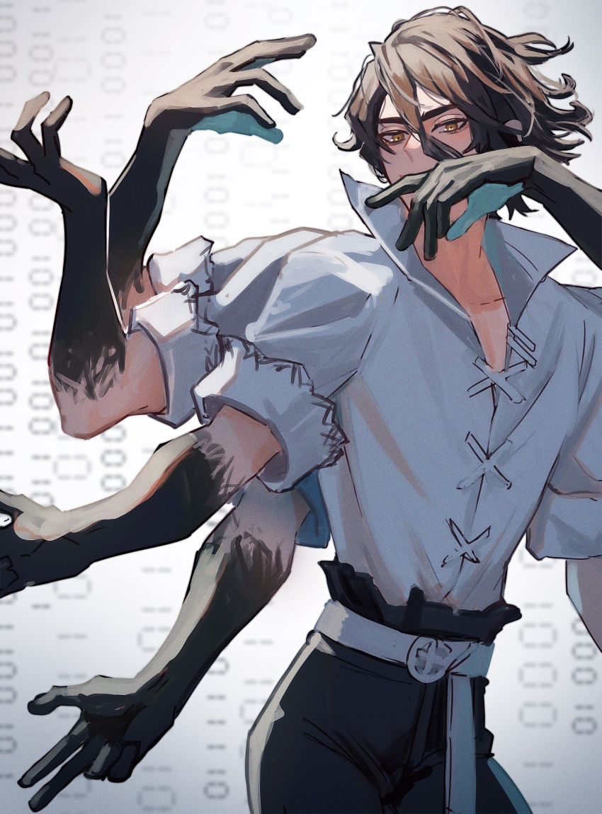 1boy, absurdres, belt, binary, black_hair, black_pants, black_skin, colored_skin