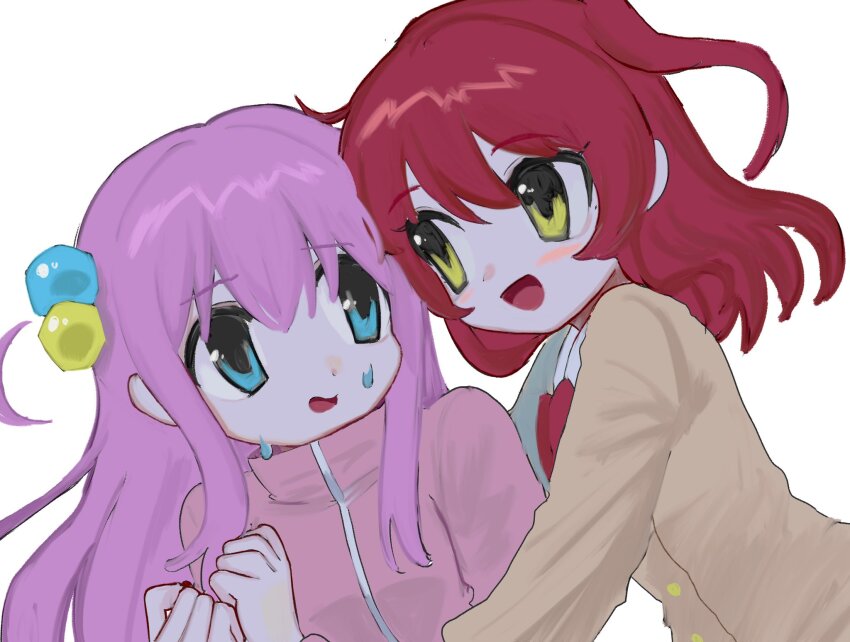 2girls, aqua_eyes, bocchi_the_rock!, cube_hair_ornament, gotoh_hitori, green_eyes, hair_ornament, highres