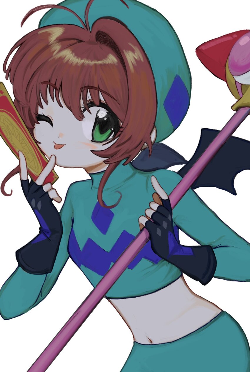 1girl, :p, beret, black_gloves, brown_hair, cardcaptor_sakura, clear_card, fingerless_gloves