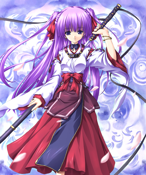 1girl, fantasy, female_focus, hakama, hakama_skirt, japanese_clothes, katana, miko