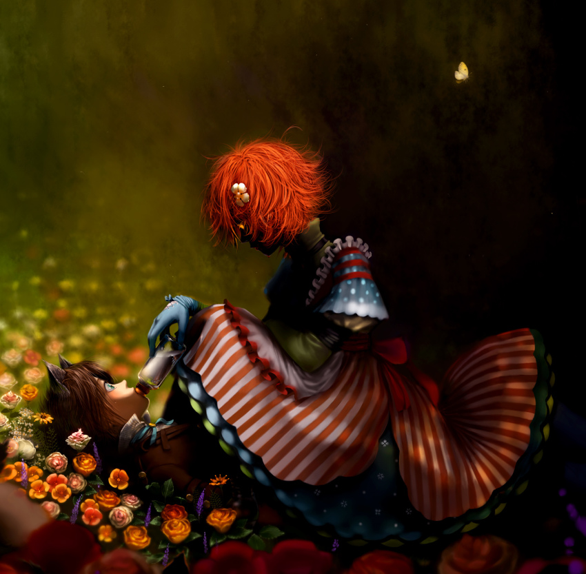 1boy, 1girl, animal_ears, aqua_eyes, baby_bottle, blue_gloves, bottle, brown_hair