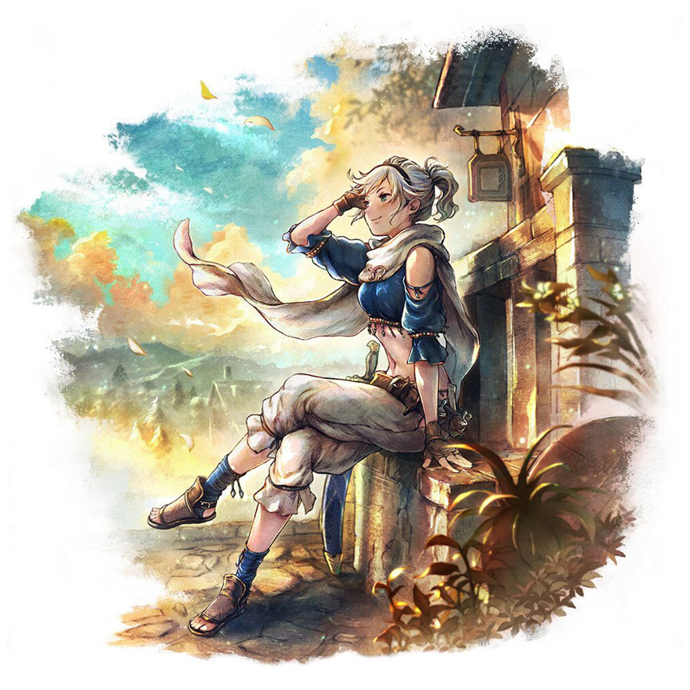 1girl, adelle_ein, bravely_default_(series), bravely_default_ii, grey_hair, midriff, octopath_traveler, octopath_traveler:_champions_of_the_continent