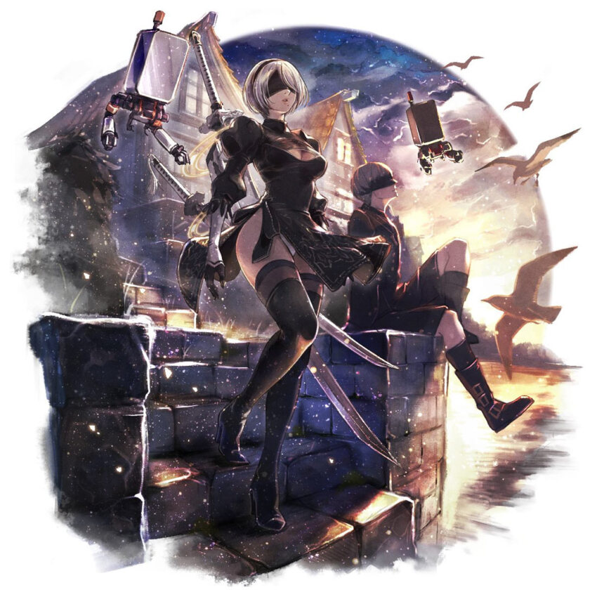 1boy, 1girl, bird, blindfold, cleavage_cutout, clothing_cutout, nier:automata, nier_(series), octopath_traveler, octopath_traveler:_champions_of_the_continent, official_art, outdoors, sword, weapon, white_hair, 2b_(nier:automata), 9s_(nier:automata)