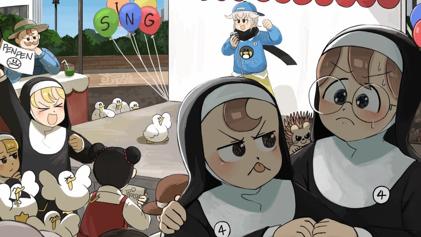 >_<, 1boy, 6+girls, :d, backwards_hat, balloon, bird, black_hair, black_scarf, blonde_hair, blue_eyes, blue_hat, blue_shirt, brown_eyes, brown_hair, chicken, clumsy_nun_(diva), commentary, diva_(hyxpk), double_bun, duck, english_commentary, facial_hair, fist_bump, flag, froggy_nun's_father_(diva), froggy_nun_(diva), glasses, glasses_nun_(diva), grey_hair, habit, hair_bun, hat, hedgehog, highres, little_nuns_(diva), microphone, multiple_girls, mustache, nun, nun_headdress, open_mouth, penguin_keeper_(zookeepers), round_eyewear, scarf, shirt, slice_of_life, smile, spicy_nun_(diva), survey_girl_(zookeepers), tongue, tongue_out, traditional_nun, white_shirt, yellow_eyes, zookeepers
