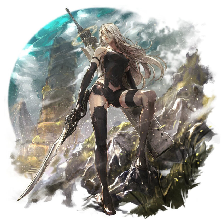 1girl, long_hair, nier:automata, nier_(series), octopath_traveler, octopath_traveler:_champions_of_the_continent, official_art, outdoors, solo, sword, weapon, white_hair, a2_(nier:automata)