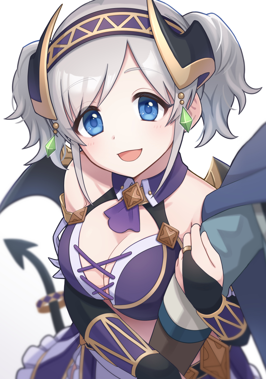 1boy, 1girl, absurdres, akari_(princess_connect!), arm_hug, blue_eyes, blurry, blurry_background