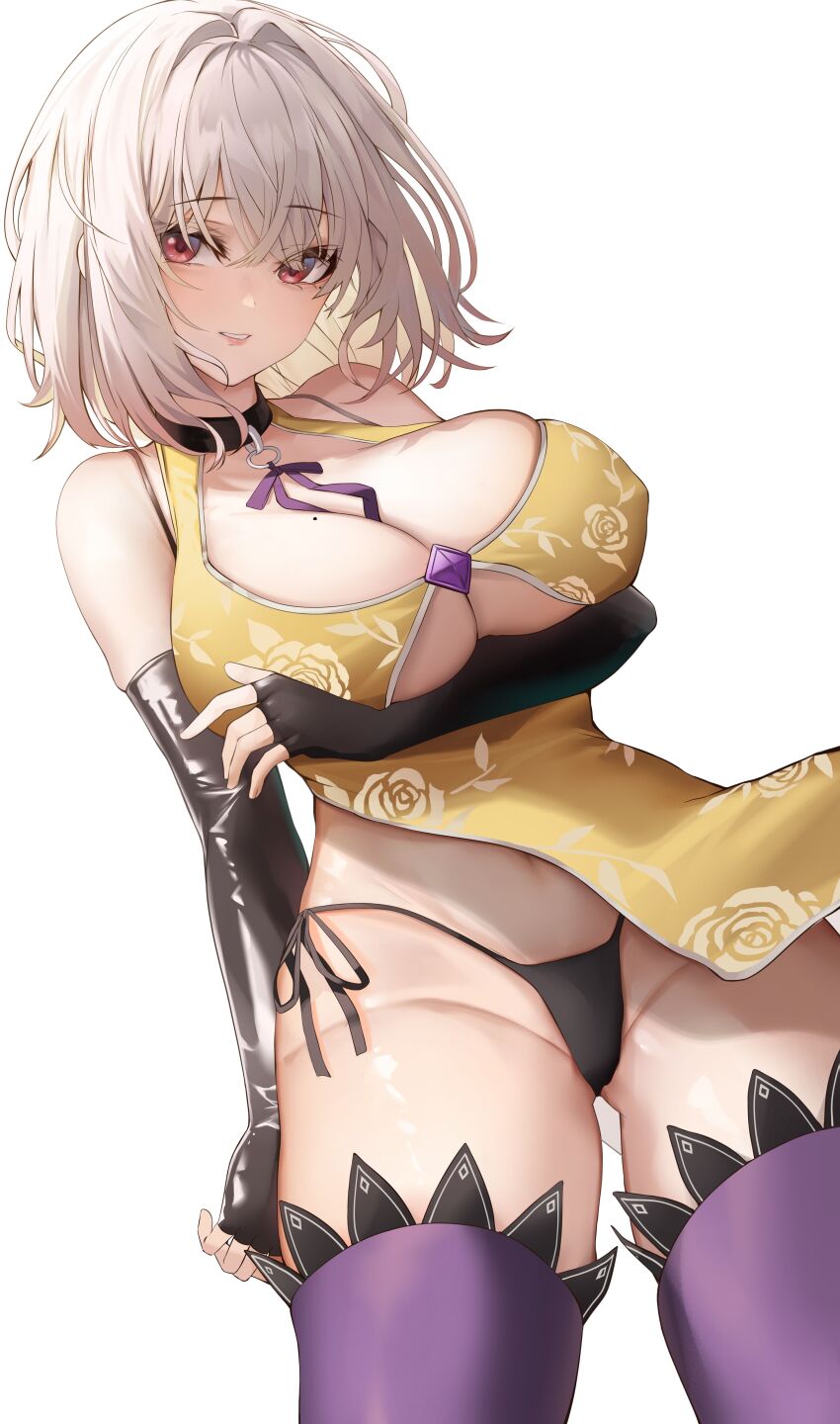 1girl, absurdres, artier's_character, bare_shoulders, bikini, bikini_bottom_only, black_bikini, black_choker, black_gloves, blade_&amp;_soul, bra_strap, breast_hold, breasts, china_dress, chinese_clothes, choker, cleavage, clothing_cutout, covered_erect_nipples, cowboy_shot, dress, elbow_gloves, fingerless_gloves, floral_print, gloves, gradient_hair, grin, highres, huge_breasts, latex, latex_gloves, looking_at_viewer, mole, mole_on_breast, multicolored_hair, nootak, pelvic_curtain, print_dress, purple_thighhighs, red_eyes, revealing_clothes, short_hair, side-tie_bikini_bottom, simple_background, skindentation, sleeveless, sleeveless_dress, smile, solo, string_bikini, swimsuit, thighhighs, thighs, underboob_cutout, white_background, white_hair, yellow_dress