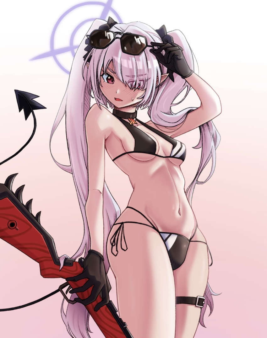 1girl, bikini, black_bikini, black_ribbon, blue_archive, blush, breasts, commentary, demon_tail, eyes_visible_through_hair, eyewear_on_head, gradient_background, gun, hair_over_one_eye, hair_ribbon, halo, highres, holding, holding_gun, holding_weapon, iori_(blue_archive), iori_(swimsuit)_(blue_archive), j_s123, leg_belt, long_hair, medium_breasts, multi-strapped_bikini_bottom, navel, official_alternate_costume, pink_background, pointy_ears, red_eyes, ribbon, side-tie_bikini_bottom, solo, standing, sunglasses, swimsuit, tail, thighs, twintails, weapon, white_hair