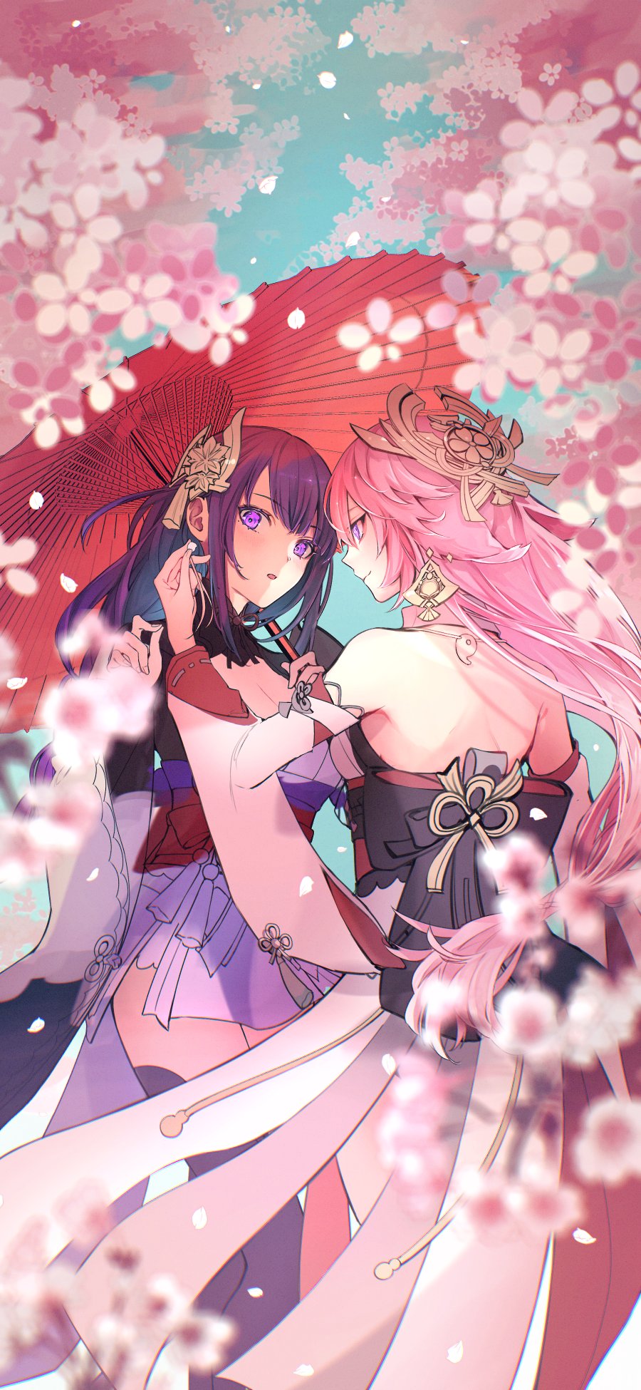 2girls, animal_ears, bare_back, black_thighhighs, braid, breasts, bridal_gauntlets, cherry_blossoms, cleavage, detached_sleeves, earrings, floppy_ears, fox_ears, genshin_impact, hair_ornament, highres, japanese_clothes, jewelry, kimono, long_hair, low-braided_long_hair, low-tied_long_hair, medium_breasts, mole, mole_under_eye, multiple_girls, nemumi_no_sora, nontraditional_miko, obi, obiage, obijime, pink_fur, pink_hair, purple_eyes, purple_hair, purple_kimono, raiden_shogun, sash, sideboob, smile, thighhighs, very_long_hair, wide_sleeves, yae_miko, yuri