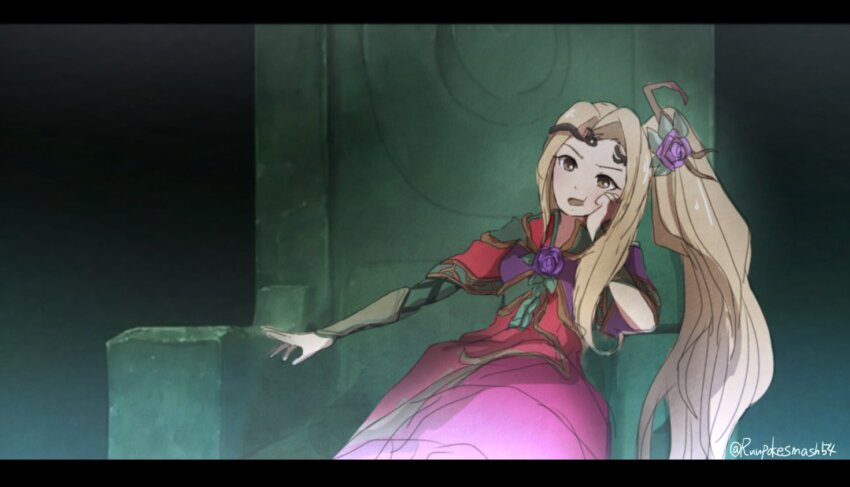 1girl, arm_support, blonde_hair, brown_eyes, dress, fire_emblem, fire_emblem:_three_houses, flower, hair_flower, hair_ornament, kid_icarus, kid_icarus_uprising, long_hair, nintendo, on_throne, open_mouth, purple_flower, red_dress, rune_(ruupokesmash54), scene_reference, sitting, solo, throne, twitter_username, very_long_hair, viridi