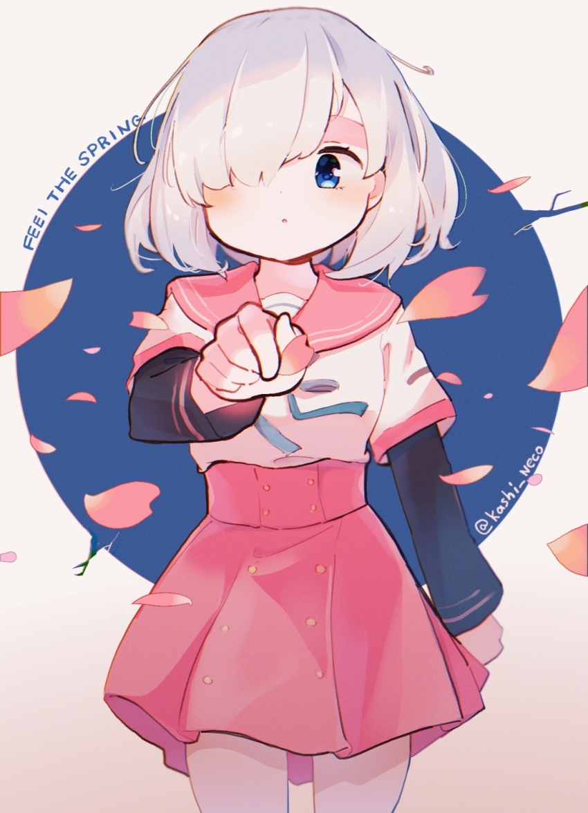 1girl, aqua_ribbon, arm_at_side, black_sleeves, blue_background, blue_eyes, blush, border