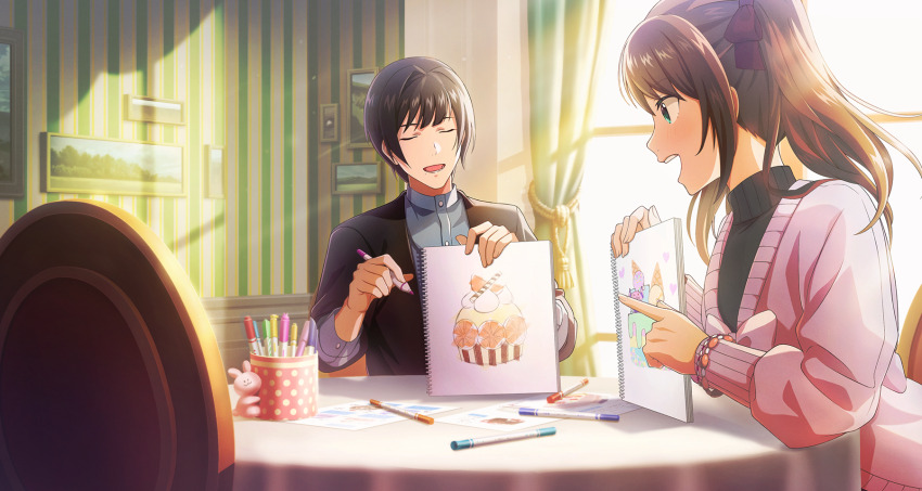 2boys, black_hair, bracelet, brown_hair, buttons, chair, closed_eyes, curtains, drawing, fingernails, highres, holding, holding_marker, idolmaster, idolmaster_side-m, idolmaster_side-m_growing_stars, jewelry, lower_teeth_only, male_focus, marker, mizushima_saki, mole, mole_under_mouth, multiple_boys, official_art, open_mouth, paper, picture_frame, shinonome_soichiro, sitting, sunlight, teeth, trap, twintails, upper_teeth_only, window