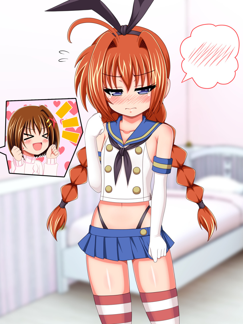 2girls, bare_shoulders, blue_eyes, blue_skirt, blush, braid, brown_hair, closed_eyes, closed_mouth, collarbone, cosplay, elbow_gloves, embarrassed, gloves, hair_ornament, hair_ribbon, highres, indoors, kantai_collection, long_hair, lyrical_nanoha, mahou_shoujo_lyrical_nanoha, mahou_shoujo_lyrical_nanoha_a's, microskirt, midriff, multiple_girls, navel, open_mouth, red_hair, ribbon, shimakaze_(kancolle), shimakaze_(kancolle)_(cosplay), skirt, smile, striped_clothes, striped_thighhighs, thighhighs, twin_braids, vita_(nanoha), white_gloves, x_hair_ornament, yaeba, yagami_hayate, yuri