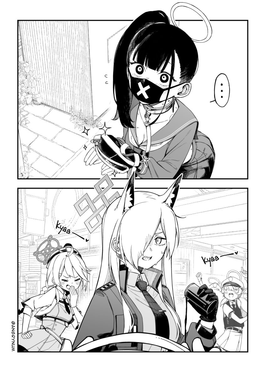 ..., 2koma, 3girls, animal_ear_fluff, animal_ears, bite_mark, black_gloves, black_hair