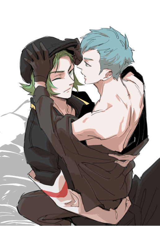 2boys, aqua_eyes, aqua_hair, archer_(pokemon), black_headwear, closed_mouth, commentary_request, elbow_gloves