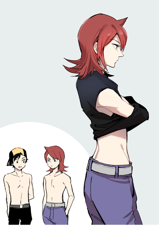 2boys, backwards_hat, belt, black_hair, black_headwear, black_pants, black_shirt, closed_eyes