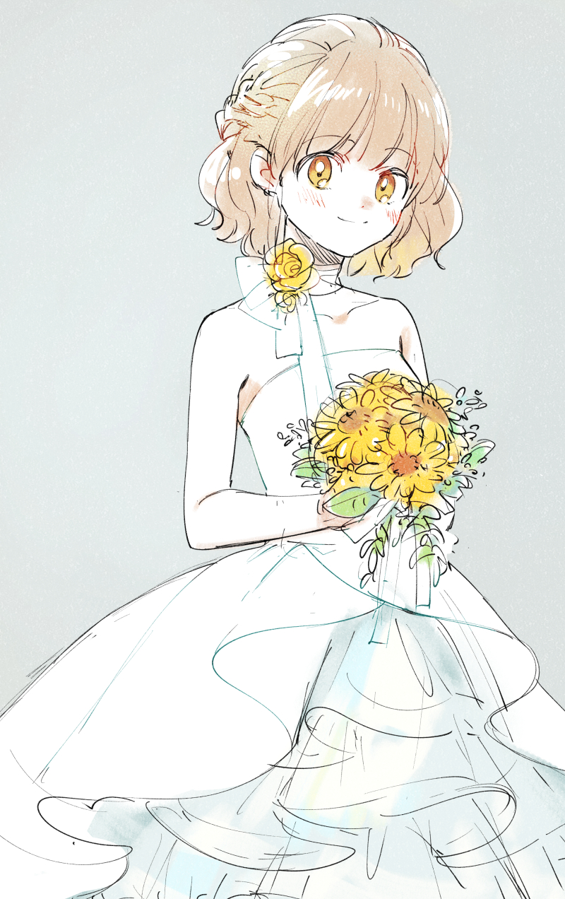 1girl, arle_nadja, blush, brown_hair, dress, flower, highres, holding, holding_flower, lirio_(nikori9), looking_at_viewer, madou_monogatari, puyopuyo, short_hair, simple_background, solo, sunflower, wedding, wedding_dress, white_dress, yellow_eyes