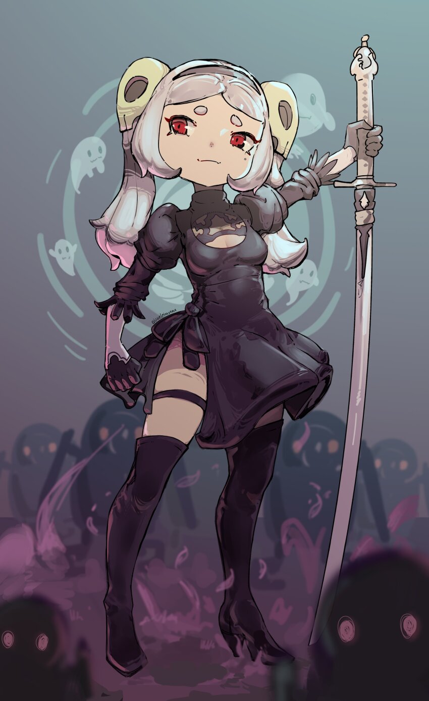 1girl, 2b_(nier:automata), 2b_(nier:automata)_(cosplay), absurdres, bloody_marie_(skullgirls), blue_background, boots, breasts