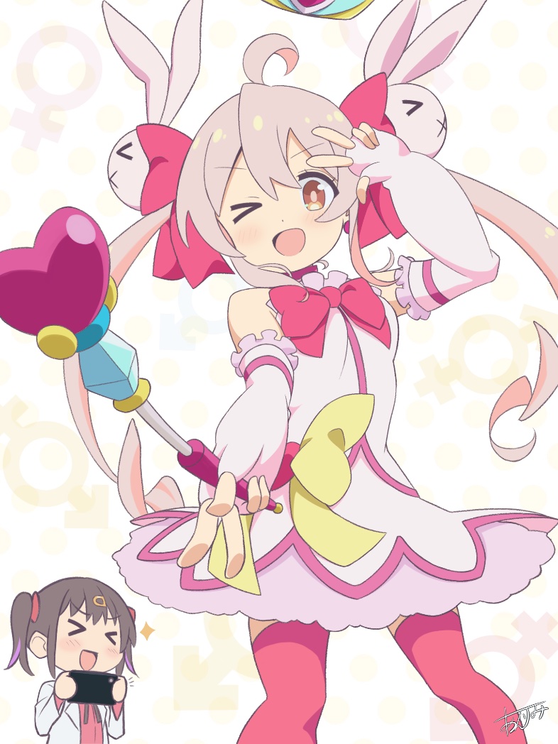 >_<, >_o, 2girls, :d, ;d, ahoge, bare_shoulders, black_hair