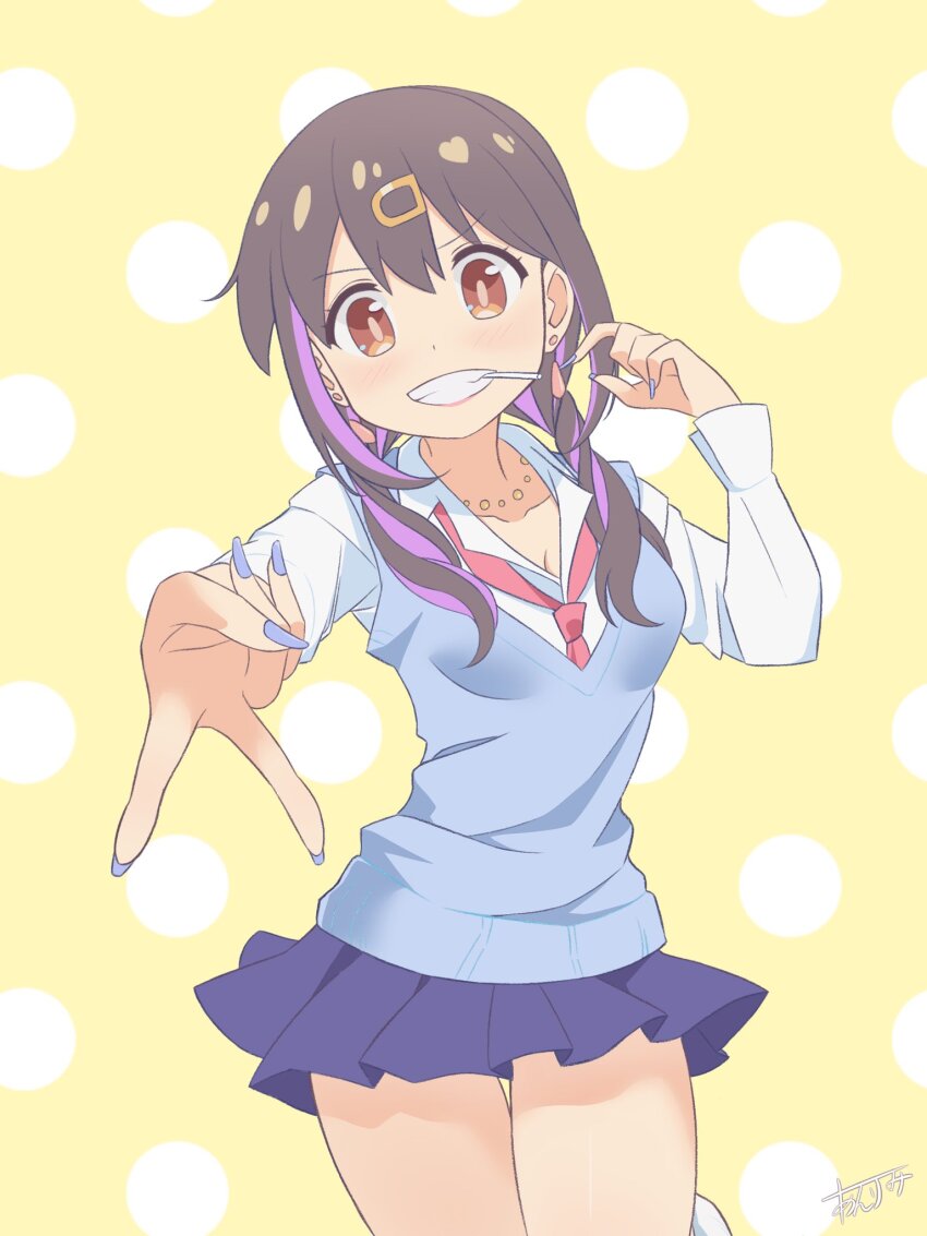 1girl, black_hair, blue_nails, blue_skirt, blue_vest, breasts, brown_eyes, collarbone