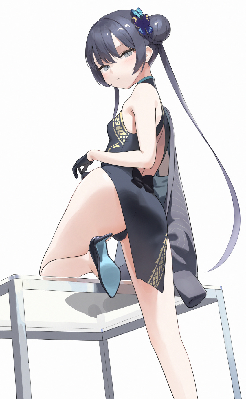 1girl, absurdres, ass, bare_shoulders, black_dress, black_gloves, black_hair, blue_archive