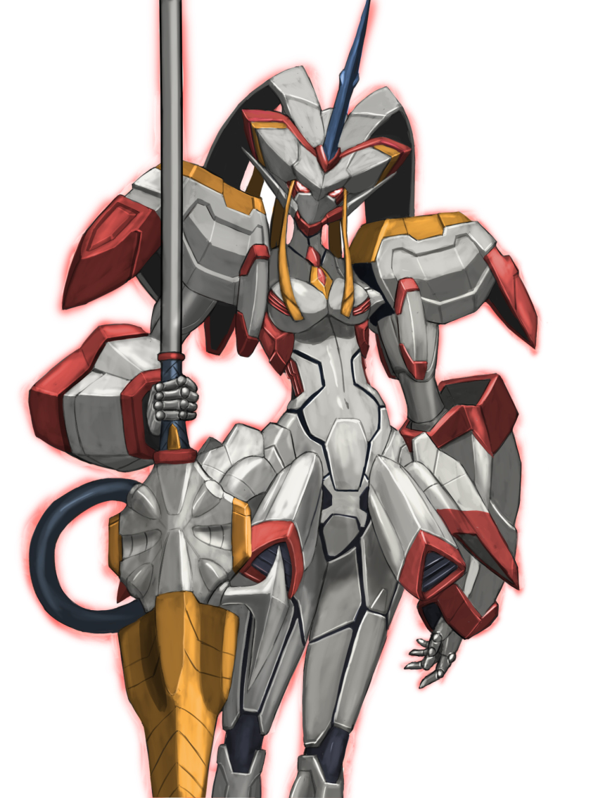 495032158, cable, chinese_commentary, commentary, darling_in_the_franxx, glowing, glowing_eyes, highres, holding, holding_polearm, holding_weapon, horns, lance, looking_at_viewer, mecha, no_humans, outline, polearm, red_eyes, red_outline, robot, science_fiction, simple_background, single_horn, solo, standing, strelizia, weapon, white_background
