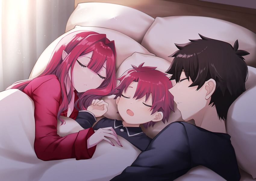 1girl, 2boys, baobhan_sith_(fate), bed_sheet, black_hair, black_pajamas, closed_eyes, closed_mouth