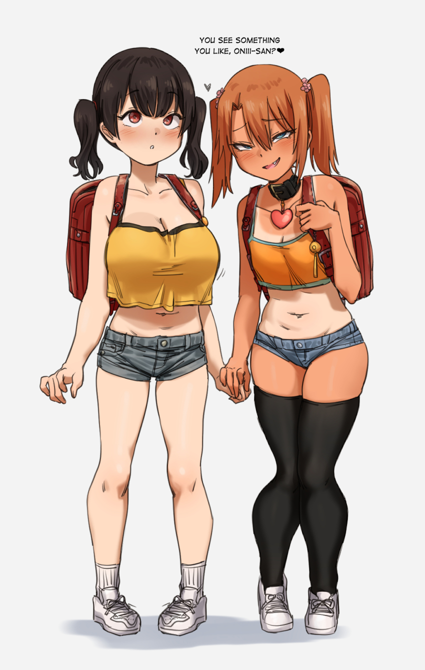 2girls, backpack, bag, belt_collar, blush, borrowed_character, breasts, bursting_ass, camisole, cleavage, collar, crime_prevention_buzzer, crop_top, crop_top_overhang, crossover, dark-skinned_female, dark_skin, denim, denim_shorts, english_text, fang, female_focus, full_body, gaki_kyonyuu, grey_shorts, hair_ornament, hair_tie, heart_collar, heart_pendant, highres, holding_hands, karmaniac, knees_together_feet_apart, large_breasts, looking_at_viewer, mesugaki, multiple_girls, naughty_face, one-piece_tan, open_mouth, oppai_loli, orange_camisole, randoseru, red_bag, sasaki_kanna, shoes, short_hair, short_shorts, short_twintails, shorts, simple_background, smile, sneakers, standing, tan, tanline, thighhighs, twintails, wavy_hair, yellow_camisole, yuma_(ebisujima_misato), zettai_ryouiki