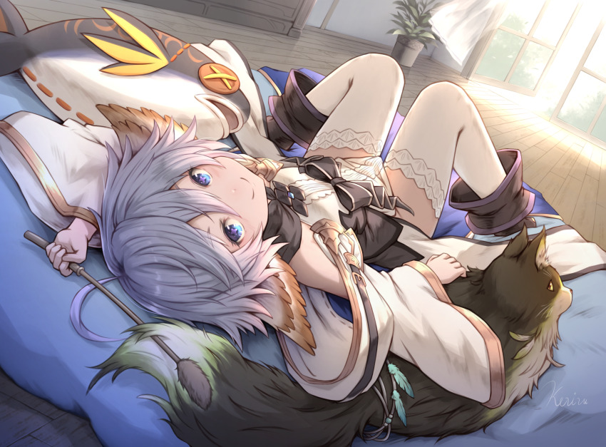 1girl, blue_eyes, bow, cat, cat_teaser, ewiyar_(granblue_fantasy), granblue_fantasy, grey_hair