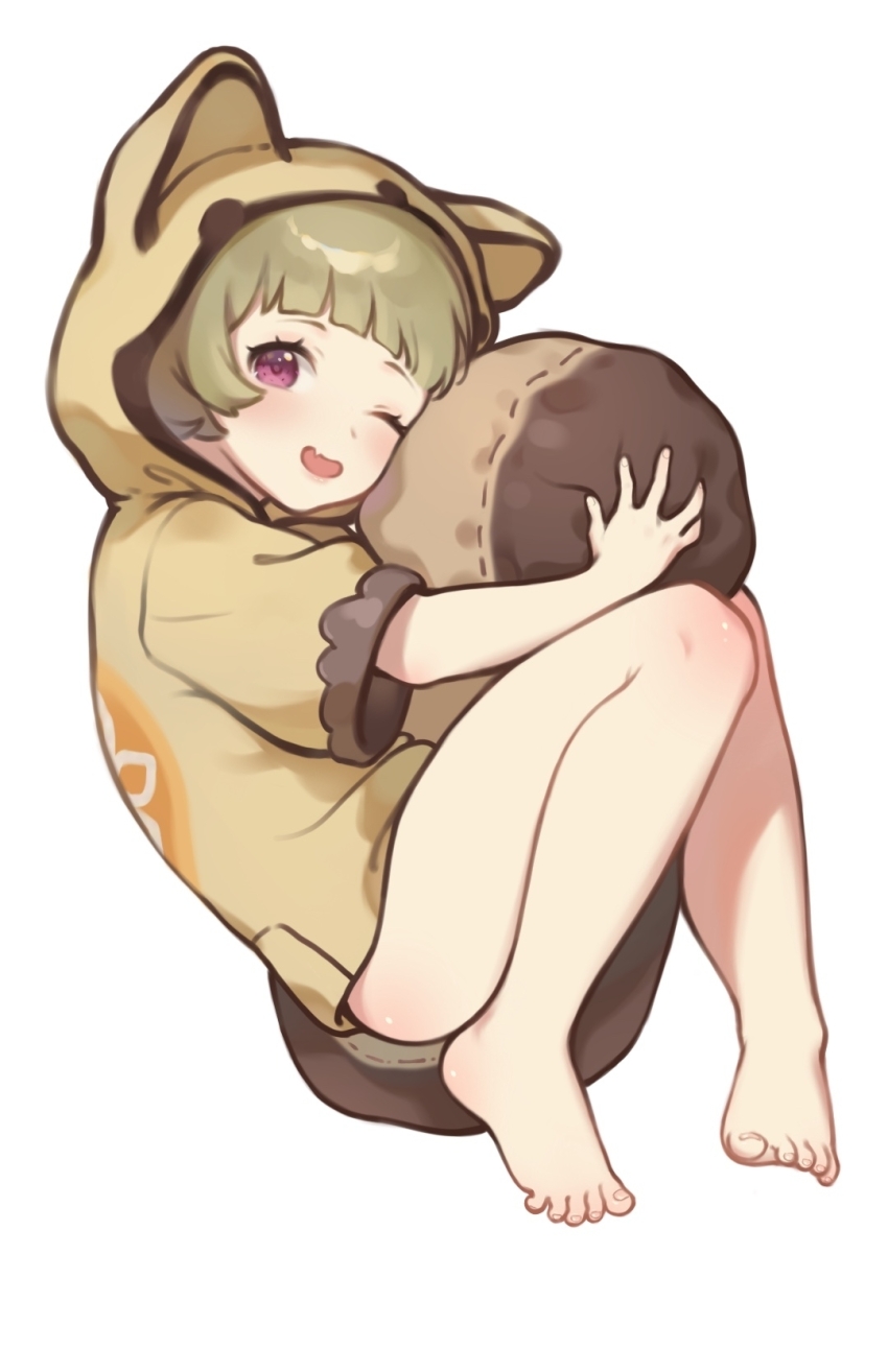 1girl, ;d, alternate_costume, animal_ears, ass, bare_legs, barefoot, blunt_bangs