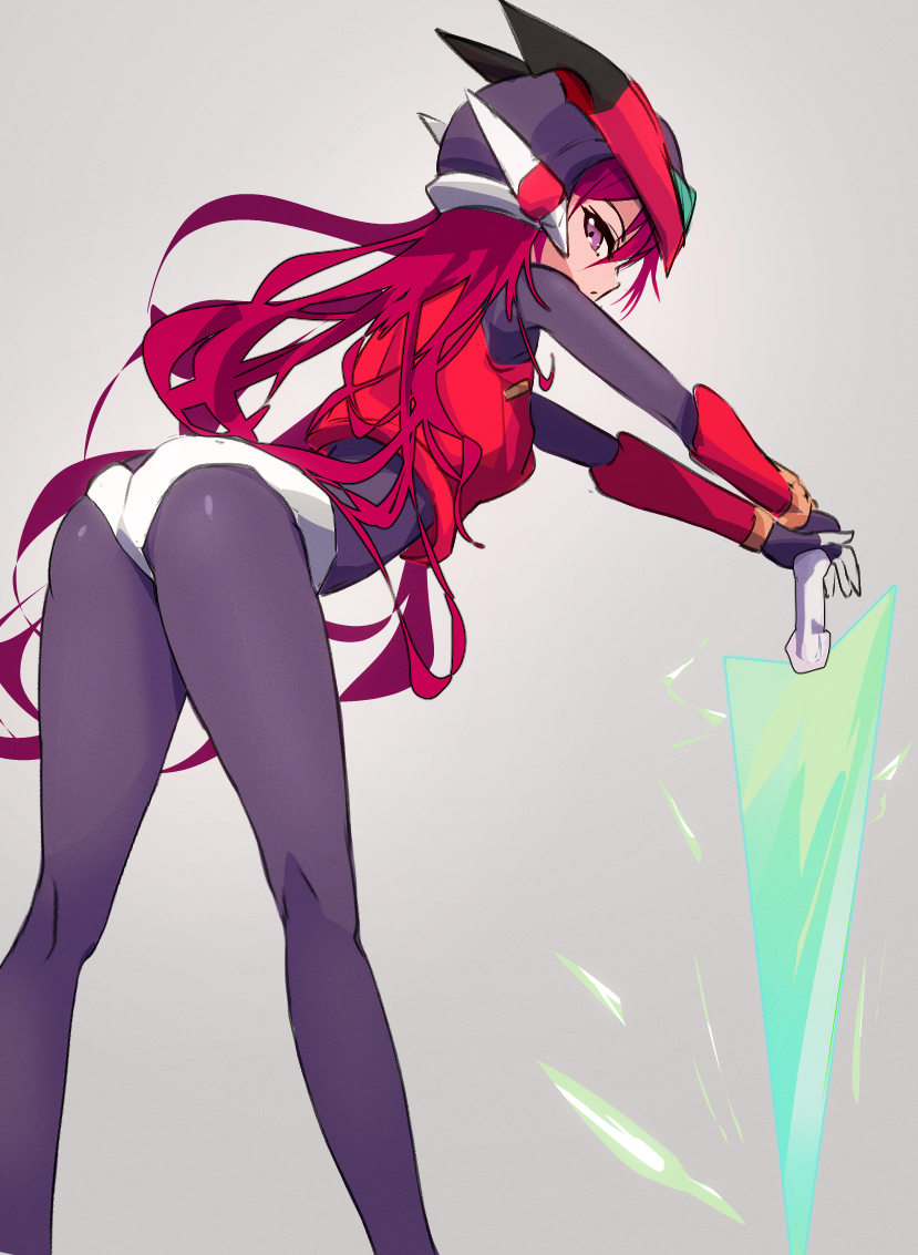 1girl, ass, bent_over, black_bodysuit, bodysuit, closed_mouth, cosplay, energy_sword