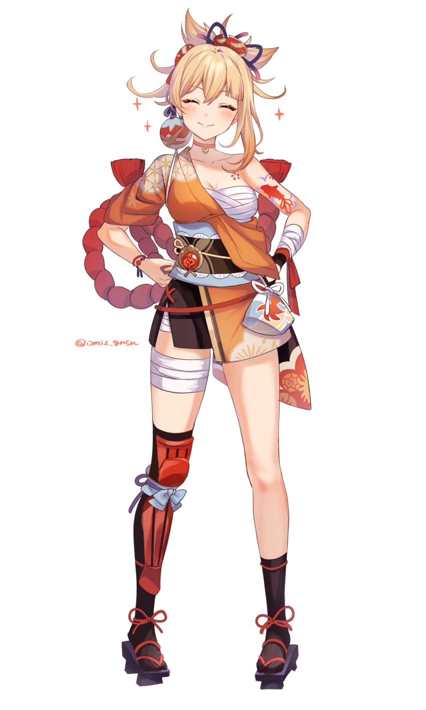 1girl, absurdres, arm_tattoo, asymmetrical_legwear, bandaged_leg, bandages, black_socks, black_thighhighs, blonde_hair, blush, bracelet, breasts, butterfly_choker, chest_sarashi, chest_tattoo, choker, cleavage, closed_eyes, earrings, eyeshadow, fingerless_gloves, fish_tattoo, flower_tattoo, full_body, genshin_impact, geta, gloves, hadanugi_dousa, hair_between_eyes, hair_ornament, hands_on_own_hips, highres, japanese_clothes, jewelry, kimono, kinchaku, knee_pads, long_hair, makeup, medium_breasts, miz_(mi), open_clothes, open_kimono, orange_kimono, over-kneehighs, ponytail, pouch, red_choker, red_eyeshadow, rope, sarashi, shimenawa, simple_background, single_earring, single_fingerless_glove, single_knee_pad, single_sidelock, smile, socks, solo, stud_earrings, tattoo, thighhighs, twitter_username, vision_(genshin_impact), white_background, yoimiya_(genshin_impact)