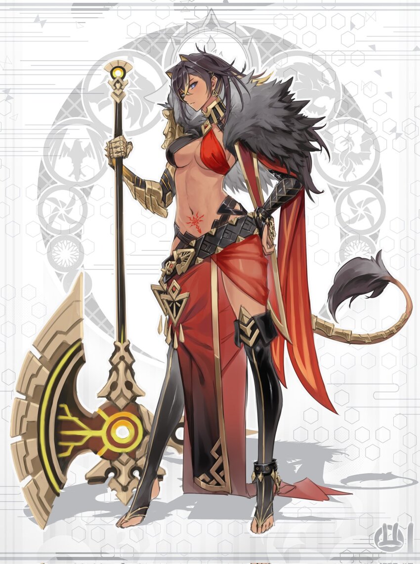 1girl, alternate_costume, arm_armor, asymmetrical_clothes, belt, black_belt, black_gloves, black_hair, blonde_hair, blue_eyes, boots, breasts, bridal_legwear, capelet, cleavage, closed_mouth, criss-cross_halter, crossed_bangs, dark-skinned_female, dark_skin, dehya_(genshin_impact), earrings, elbow_gloves, fingerless_gloves, floating_earrings, full_body, fur-trimmed_capelet, fur_trim, gauntlets, genshin_impact, gloves, gold_choker, gold_trim, hair_between_eyes, hair_ears, hair_intakes, halterneck, hand_on_own_hip, highres, holding, holding_weapon, jewelry, laksana_iman, large_breasts, linea_alba, long_hair, looking_at_viewer, multicolored_hair, navel, no_shoes, open-toe_boots, pelvic_curtain, red_capelet, red_skirt, shadow, single_earring, single_fingerless_glove, single_gauntlet, skirt, solo, stomach, stomach_tattoo, streaked_hair, tail, tattoo, thigh_boots, toes, toned, two-tone_hair, weapon