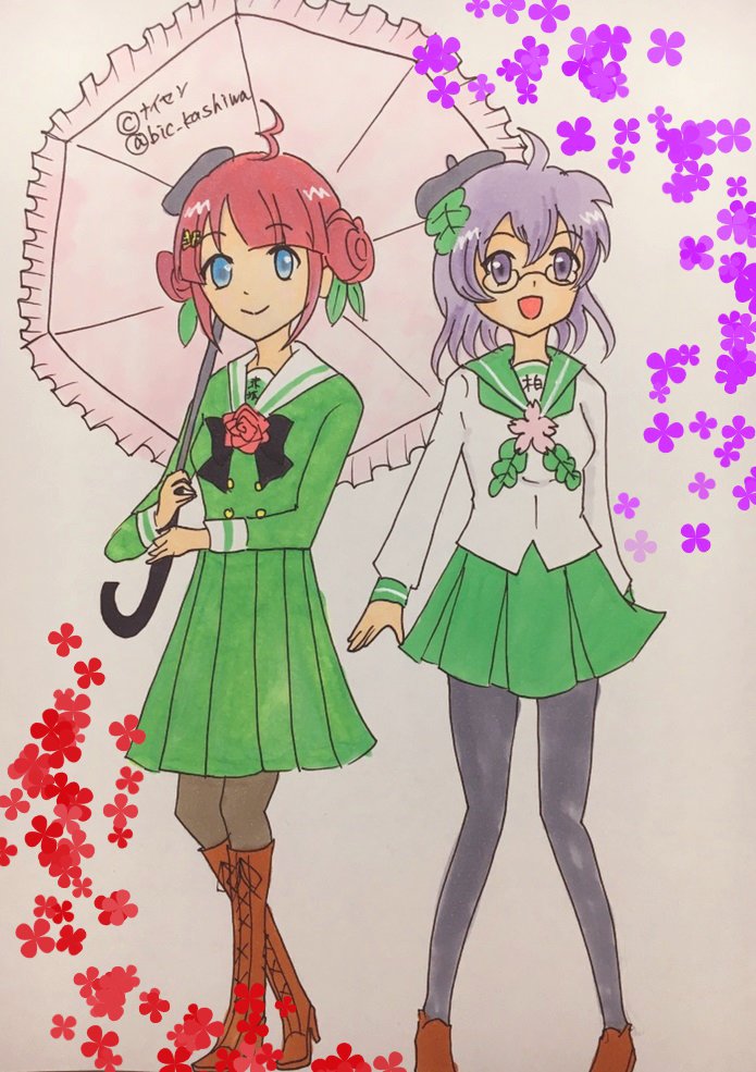 2girls, black_pantyhose, green_skirt, kashiwa-tan, mikke-tan, multiple_girls, red_hair, sailor_collar