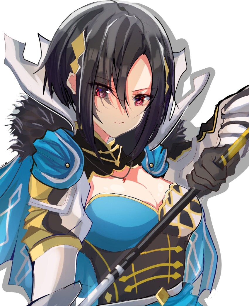 1girl, armor, asymmetrical_bangs, asymmetrical_clothes, breasts, cape, cleavage, cleavage_cutout